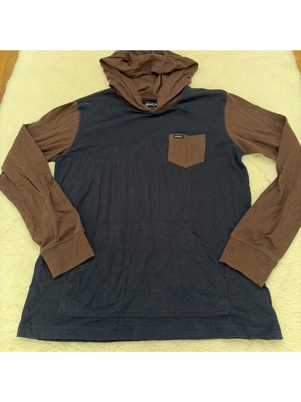 RVCA Two Tone Blue Brown Pullover Hooded Tee Boys Large
